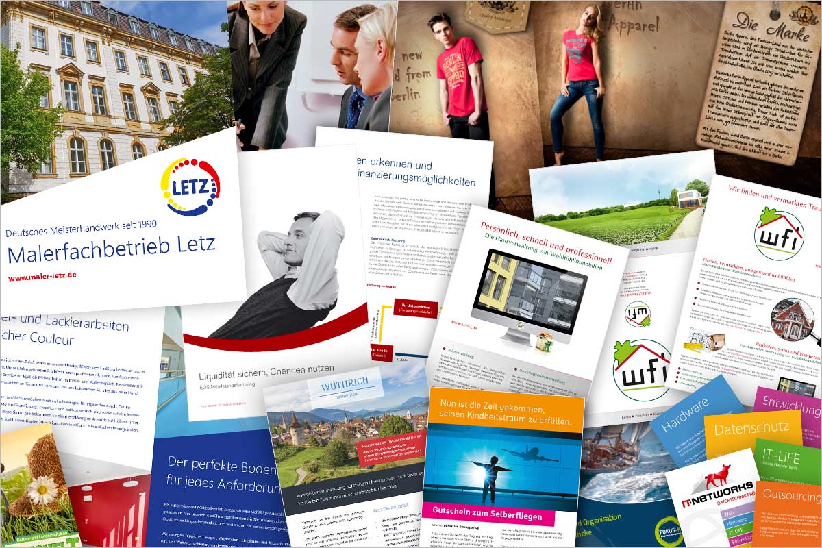 Bildcollage von Referenzen Broschüren und Flyer - Werbeagentur für München