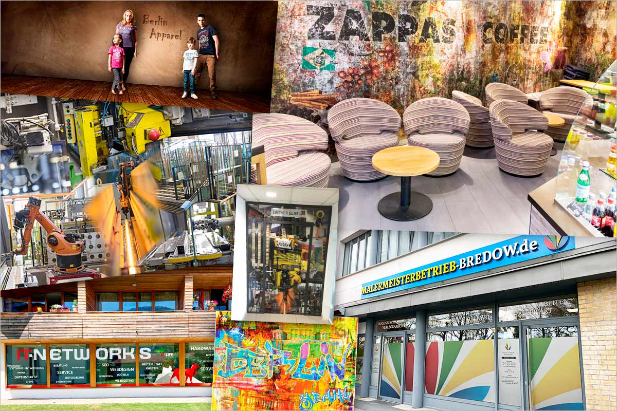 Eine Bildcollage aus vielen Referenzen für großformatige Werbebanner, Fototapeten, Wandbilder und Schaufensterfolierungen der Werbeagentur für München