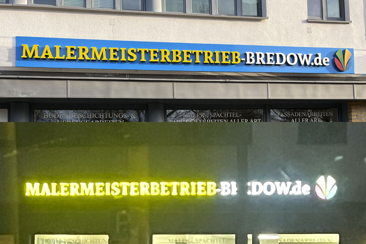 Referenz einer Leuchtreklame am Tag und bei Nacht von der Werbeagentur  für München