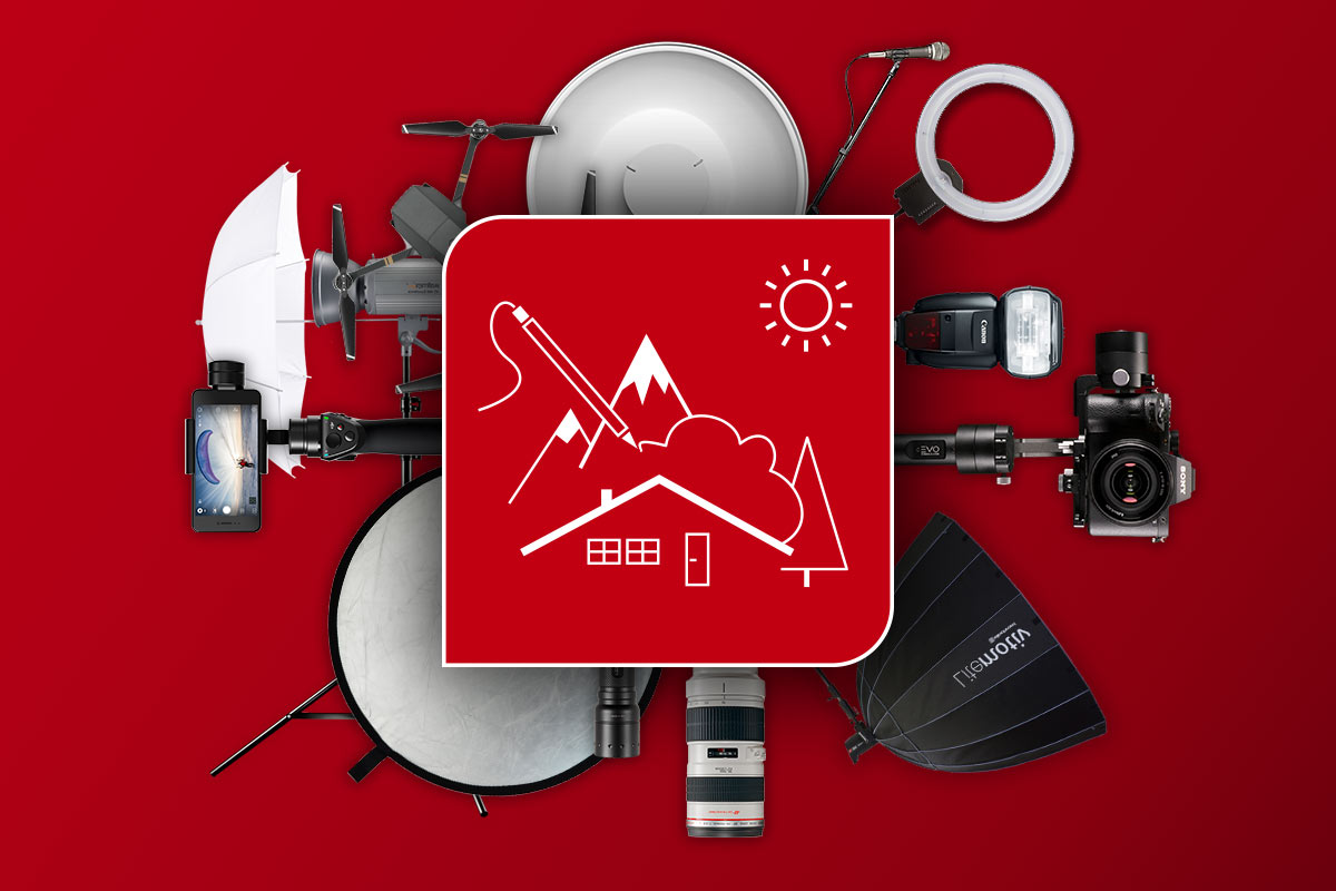 Bildcollage aus der technischen Ausstattung eines Fotografen ud Videografen