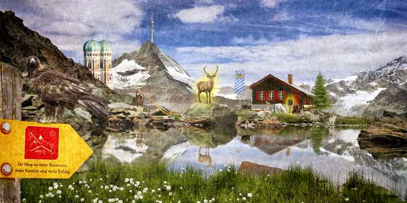 Bildcollage der Werbeagentur in einer fantasievollen Bergkulisse